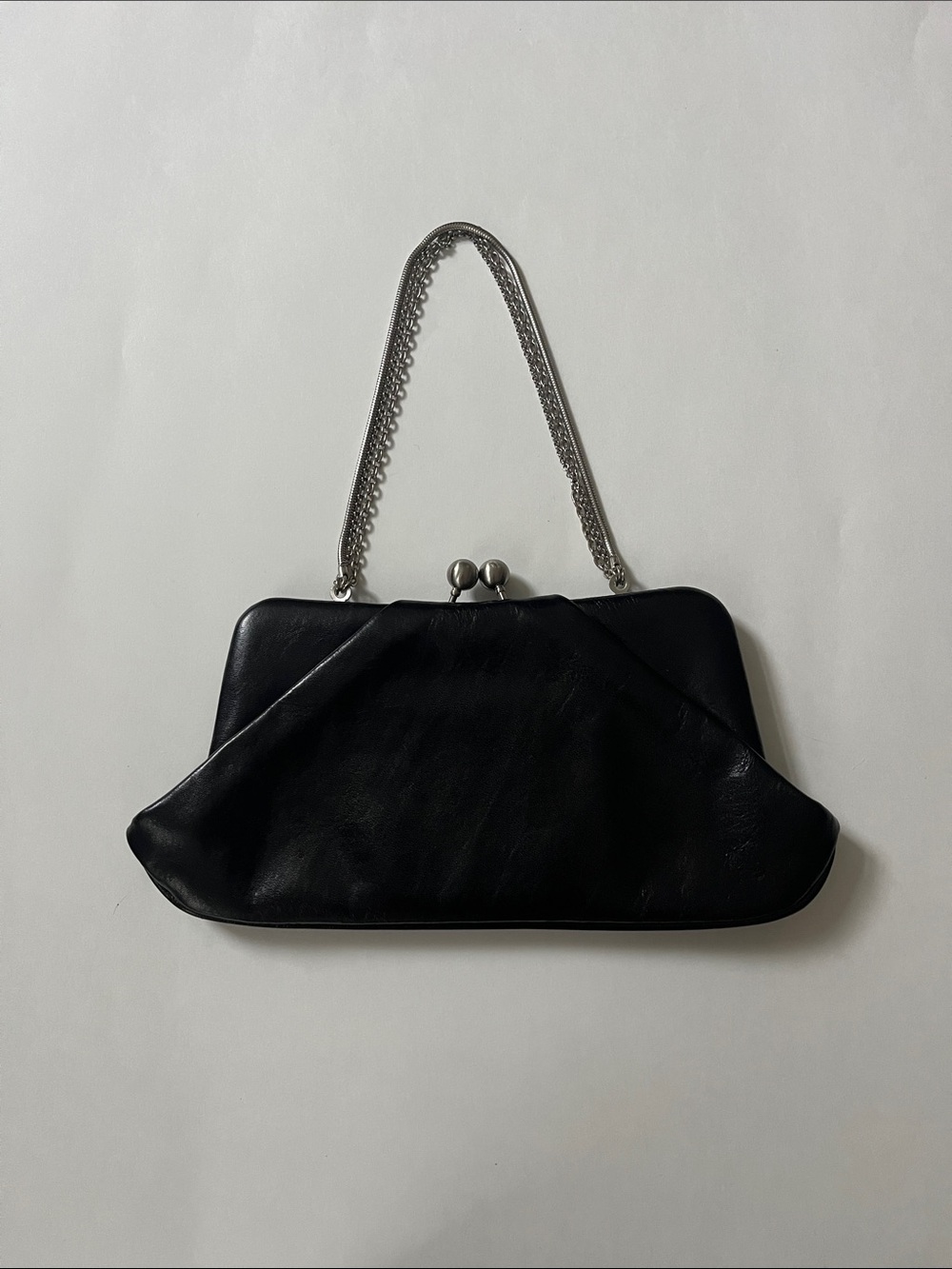 HOBO Black Leather Kiss-Lock Clutch with Silver Chain